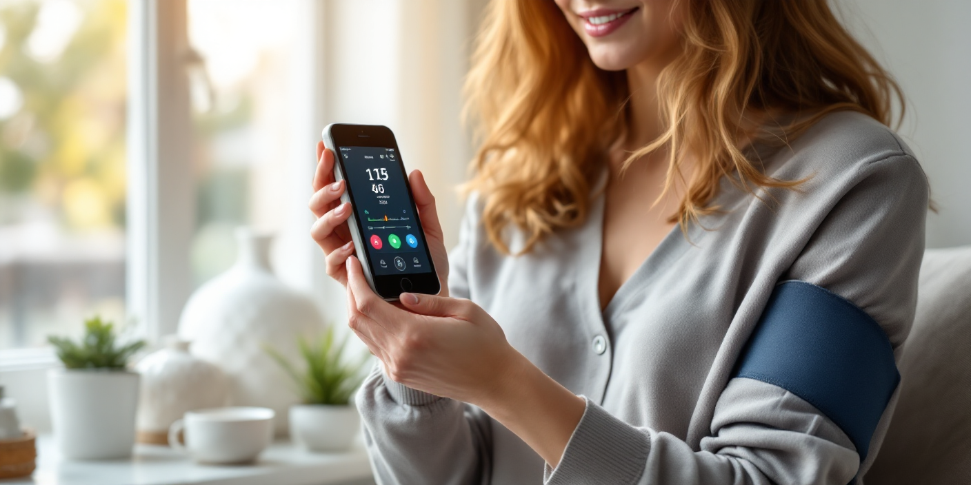 professional woman using smart blood pressure monitor at home, modern clean white interior, natural daylight through window, realistic photography, medical device on table, calm atmosphere, high quality lifestyle shot
