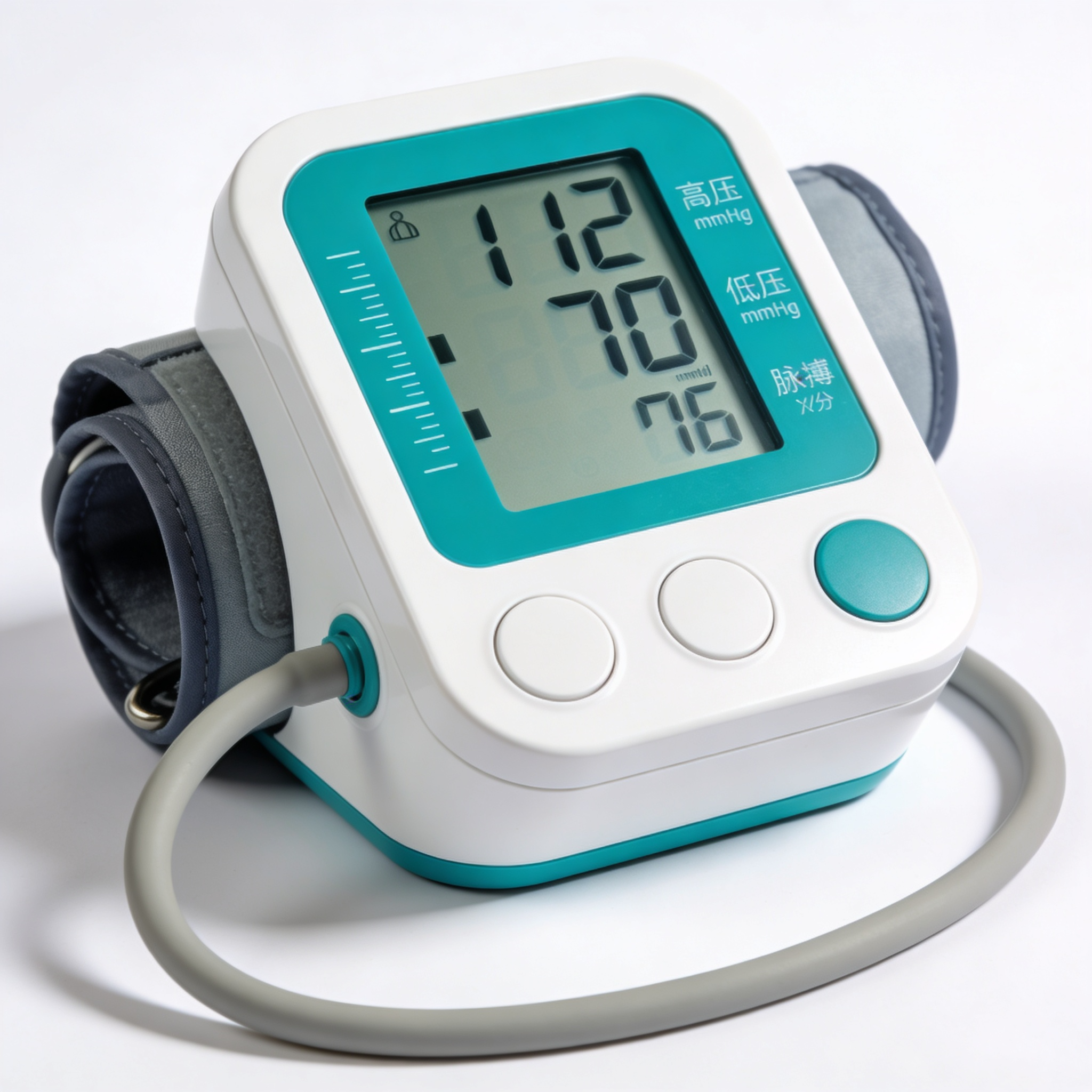 modern digital blood pressure monitor device, white and teal color, professional product photography, white background, medical equipment