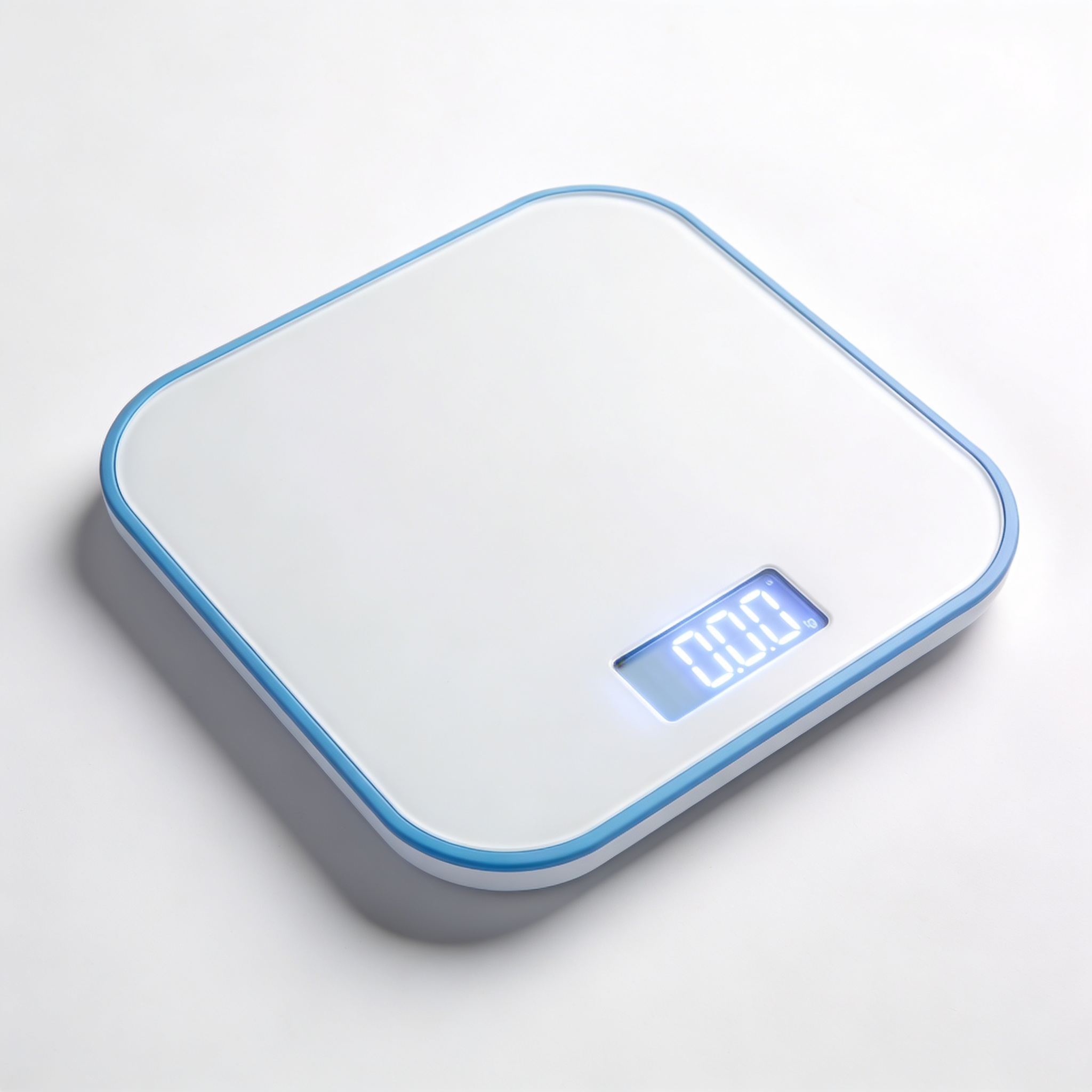 smart digital body scale with display, modern design, white and blue colors, professional product photography, white background