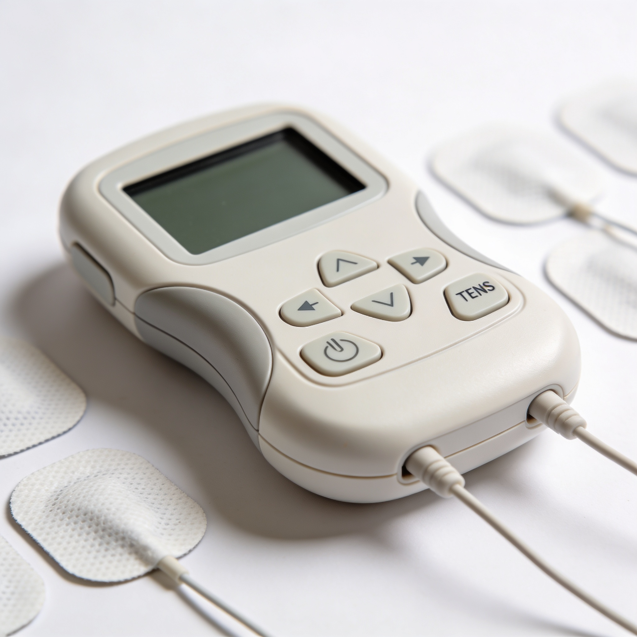 TENS unit electronic muscle stimulator device, compact modern design, white background, professional medical equipment photography