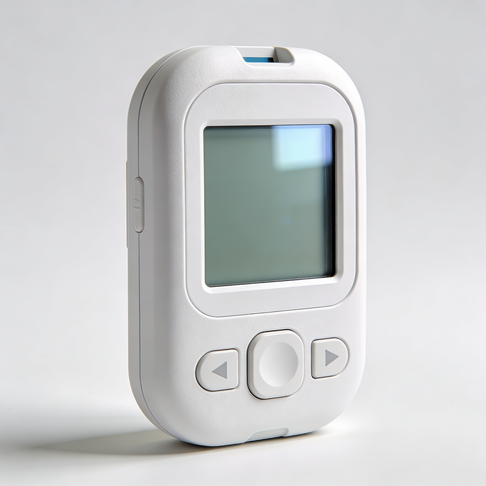 glucose meter blood sugar monitor, compact modern medical device, white background, professional product photography