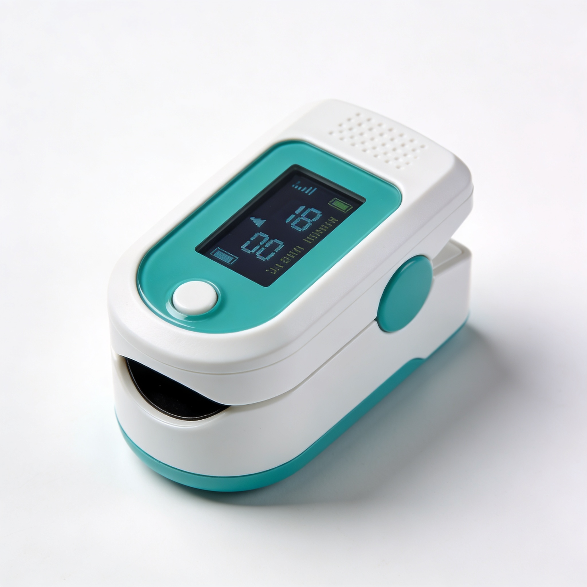 pulse oximeter fingertip device, modern medical equipment, white and teal colors, professional product photography, white background