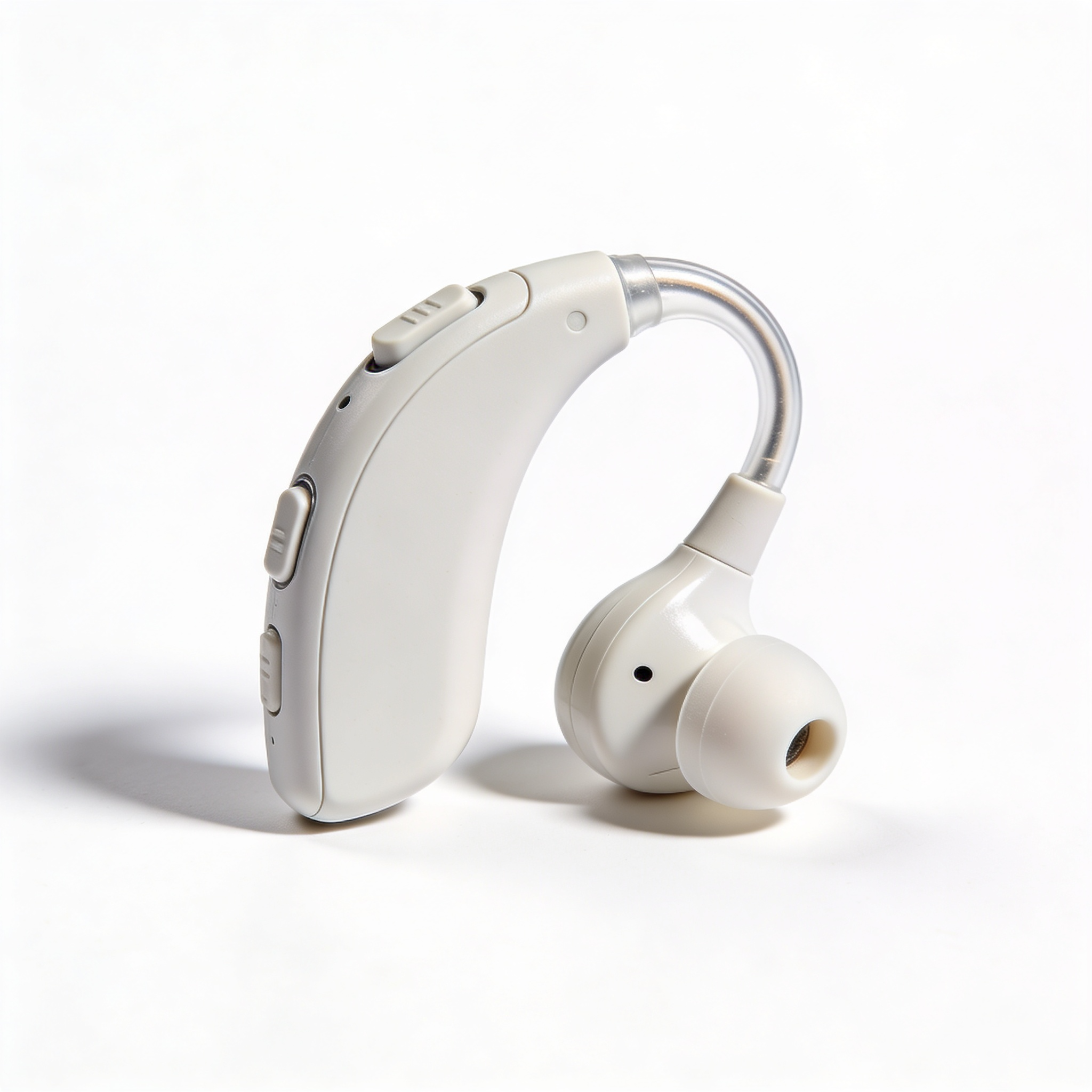 modern hearing aid device, sleek design, white background, professional medical equipment photography