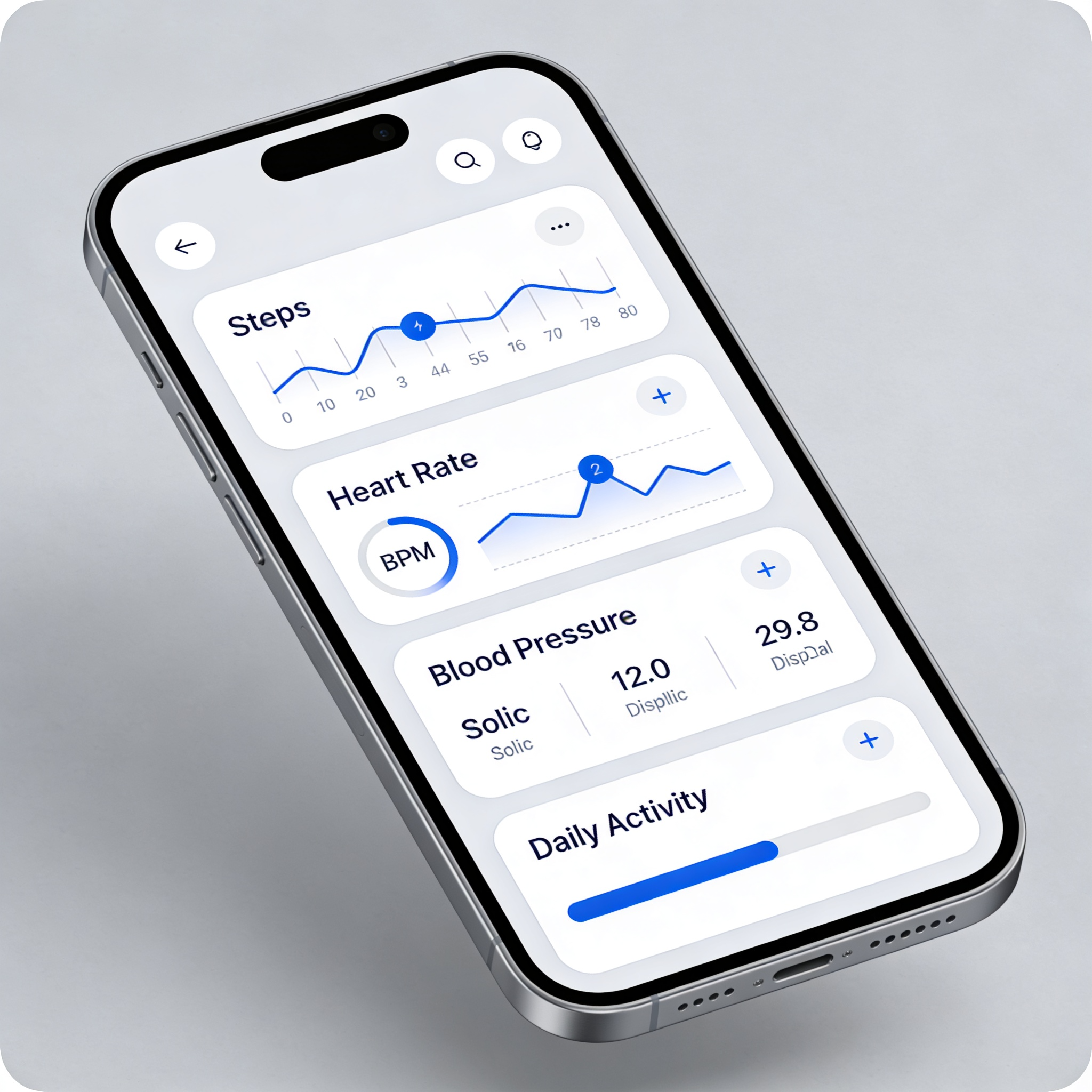 smartphone displaying health app dashboard with charts and medical data, modern UI design, clean interface, health tracking metrics, realistic mockup